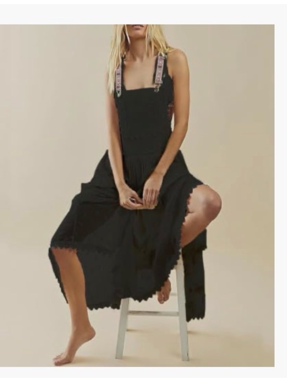 Black Lace-Trim Pinafore Dress with Embroidered Front Pocket